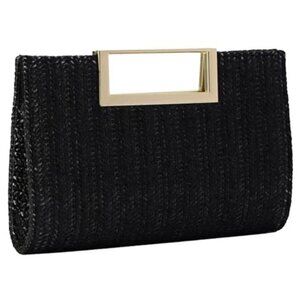 Straw Raffia Woven Clutch Handbag Black Crossbody Purse with Gold Chain